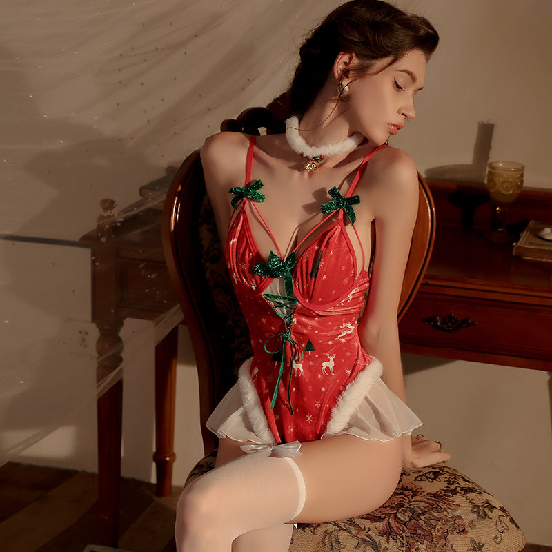 Christmas Santa-inspired velvet lingerie bodysuit alternate view 6