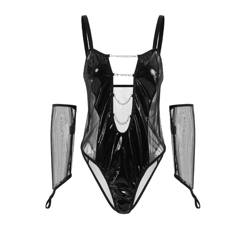 Plus Size Black Faux Leather Cutout Bodysuit with Mesh & Chains