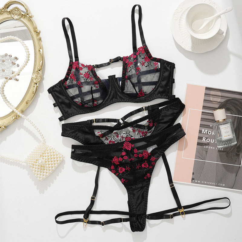 Plus Size Bra Panty Garter Set Plus Size Black Red Embroidered