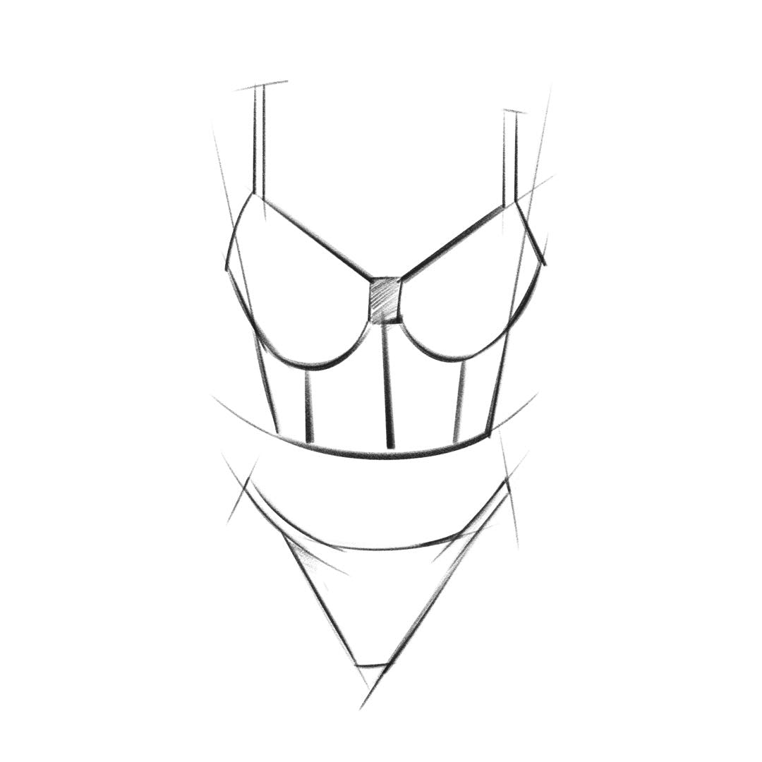 Line sketch of the Floral Embroidery Sheer Lace Bustier and Thong Set – Green Lingerie by Hueslife