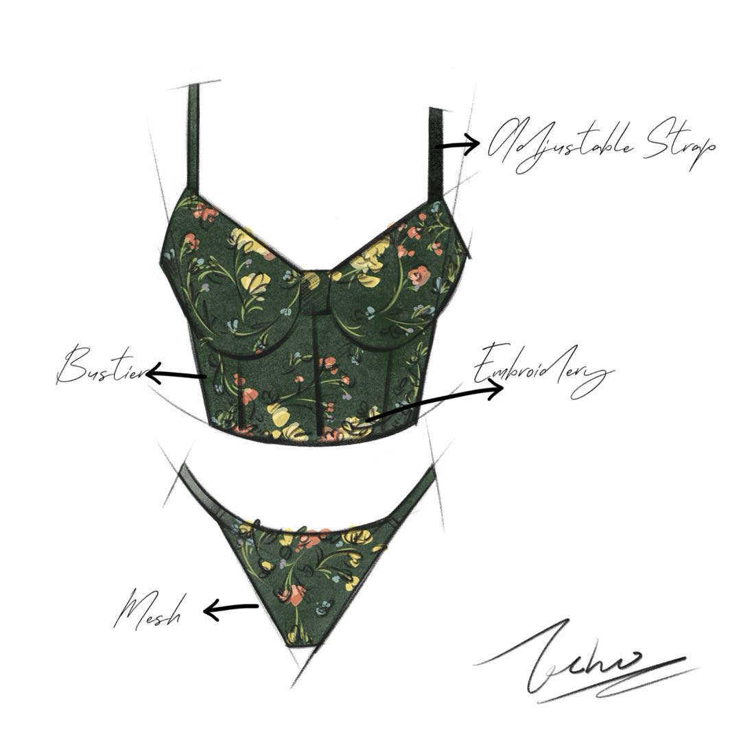 Final design of Floral Embroidery Sheer Lace Bustier and Thong Set in Green by Echo – Hueslife Lingerie