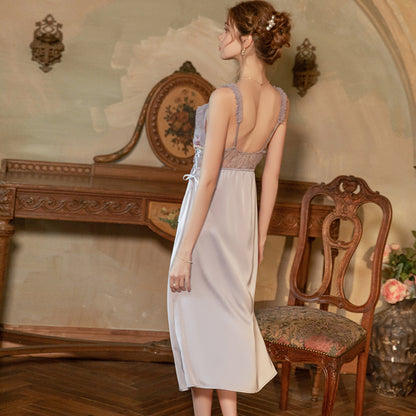 Embroidered Satin Long Nightdress – Elegant Floral Lace Nightgown