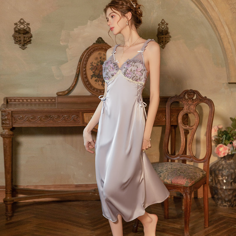 Embroidered Satin Long Nightdress – Elegant Floral Lace Nightgown