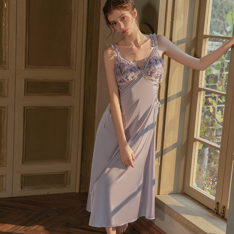 Embroidered Satin Long Nightdress – Elegant Floral Lace Nightgown