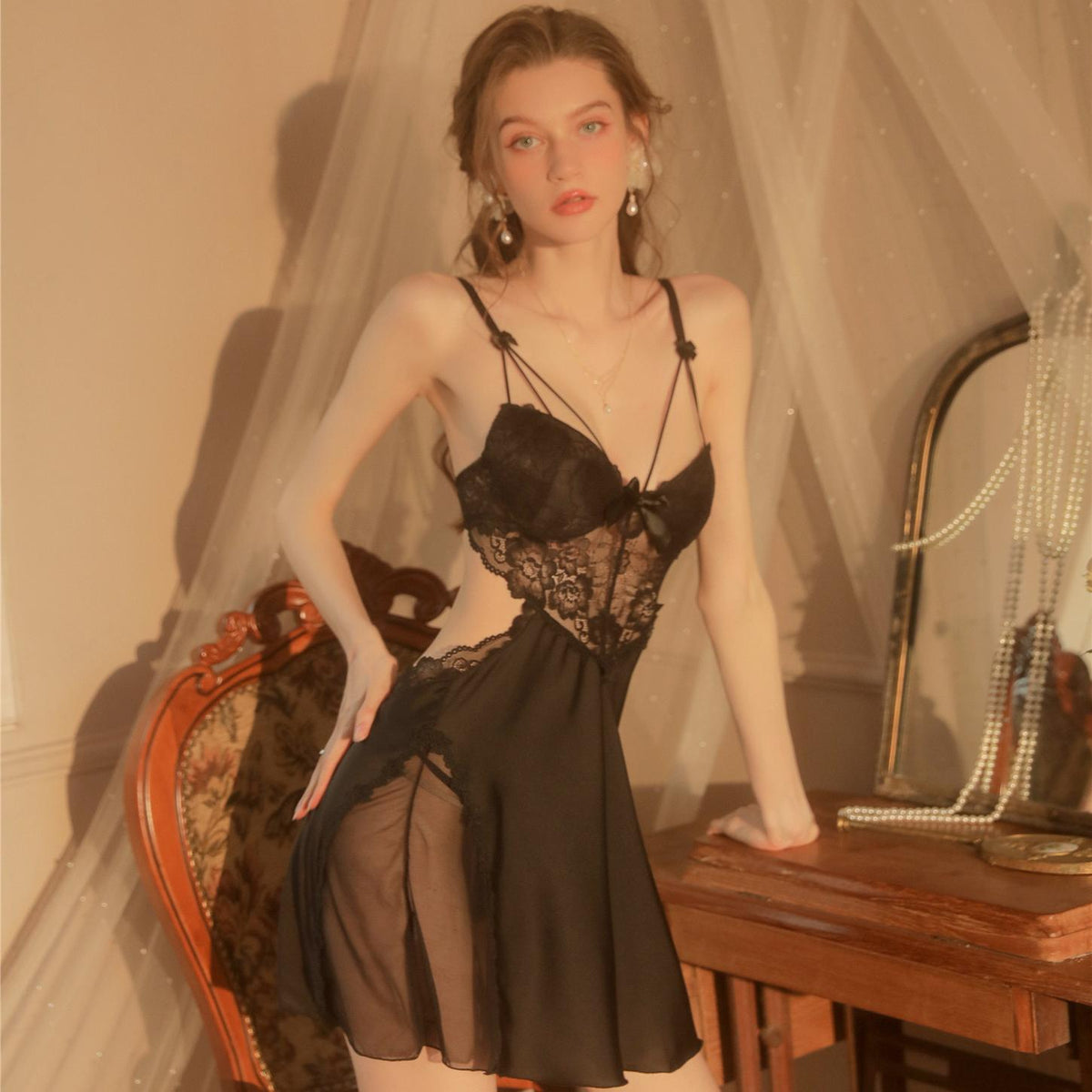 Lace Satin Nightdress with Built-in Padding – Elegant Backless Sleep Dress