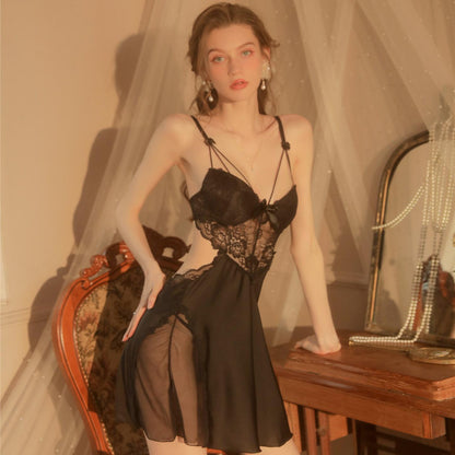 Lace Satin Nightdress with Built-in Padding – Elegant Backless Sleep Dress