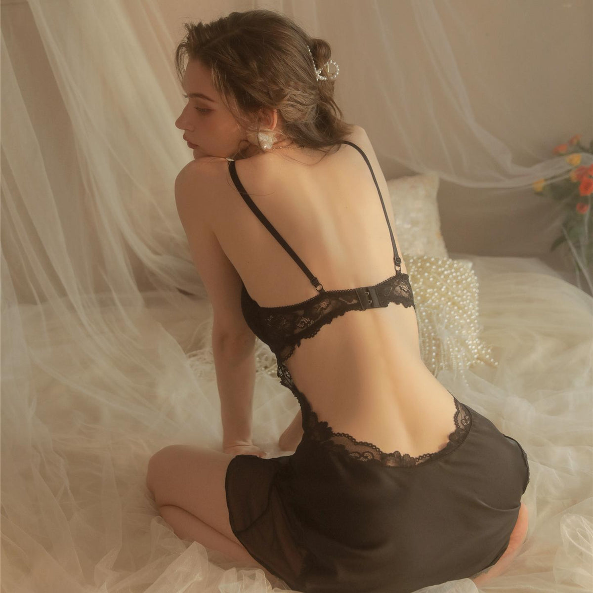 Lace Satin Nightdress with Built-in Padding – Elegant Backless Sleep Dress
