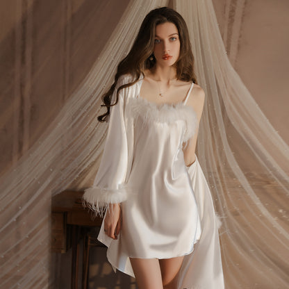 Elegant White Satin Nightgown with Faux Feather Trim – Bridal Robe Set for Wedding Morning