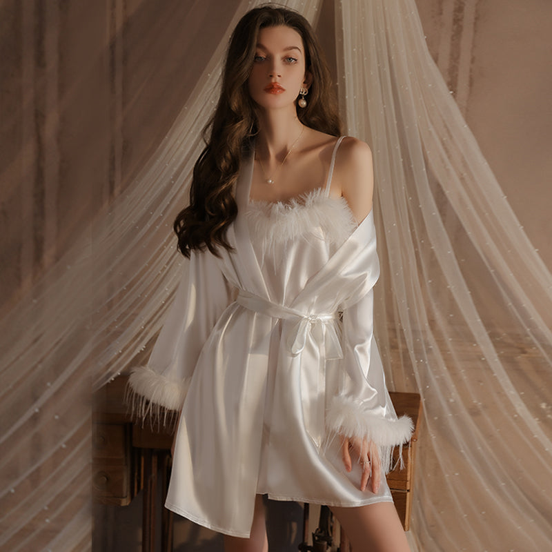 Elegant White Satin Nightgown with Faux Feather Trim – Bridal Robe Set for Wedding Morning