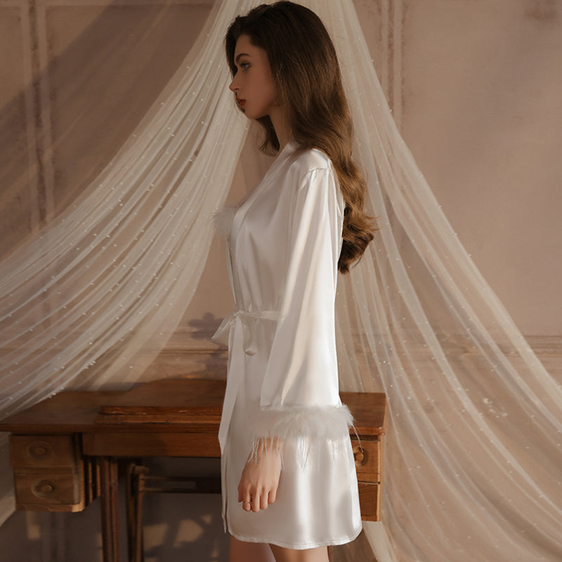 Elegant White Satin Nightgown with Faux Feather Trim – Bridal Robe Set for Wedding Morning
