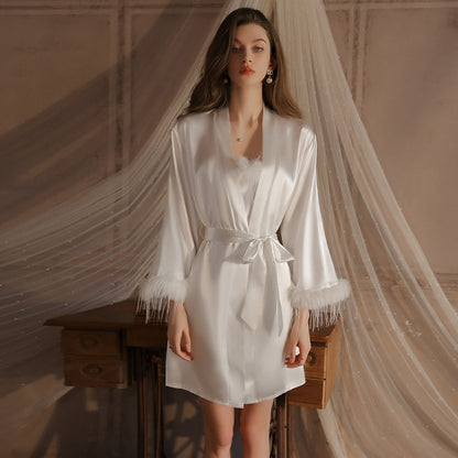 Elegant White Satin Nightgown with Faux Feather Trim – Bridal Robe Set for Wedding Morning