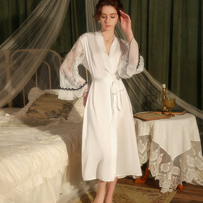 Elegant White Satin Bridal Robe with Lace Sleeves – Long Wedding Getting Ready Robe