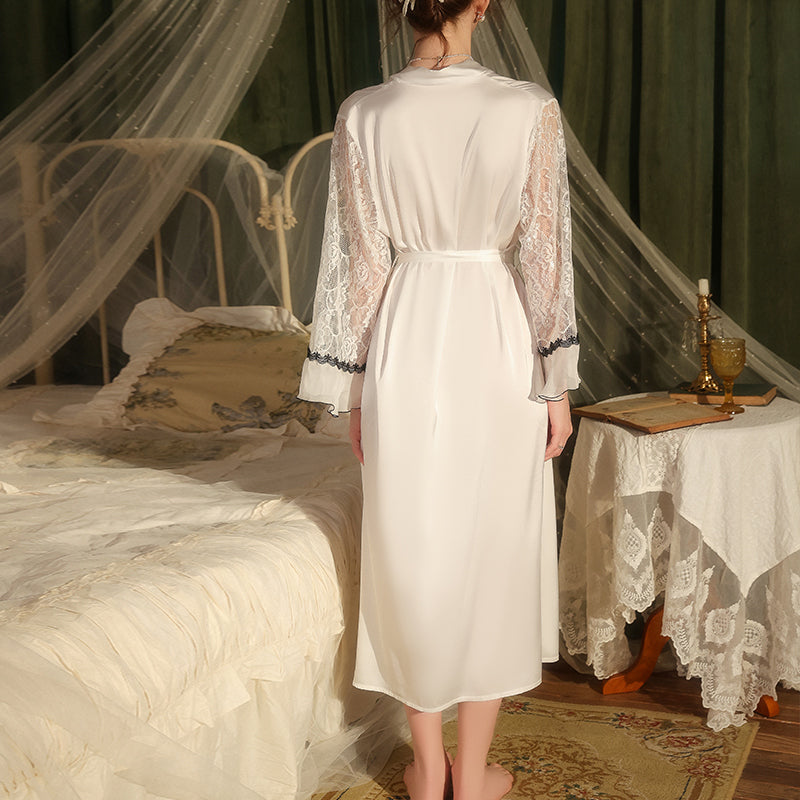 Elegant White Satin Bridal Robe with Lace Sleeves – Long Wedding Getting Ready Robe