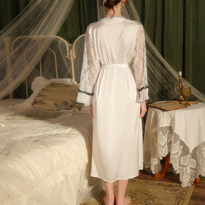 Elegant White Satin Bridal Robe with Lace Sleeves – Long Wedding Getting Ready Robe
