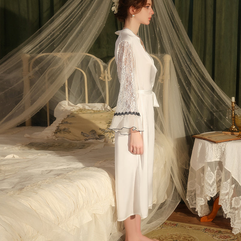 Elegant White Satin Bridal Robe with Lace Sleeves – Long Wedding Getting Ready Robe