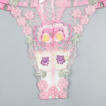 Pink bra and panty set featuring sheer mesh