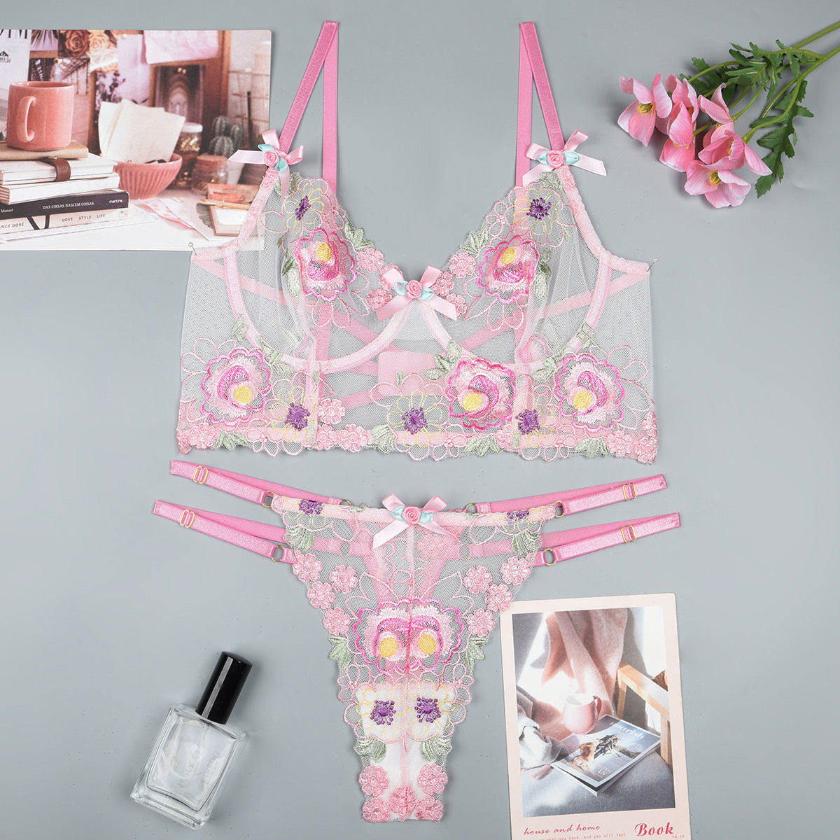Pink bra and panty set with embroidered design