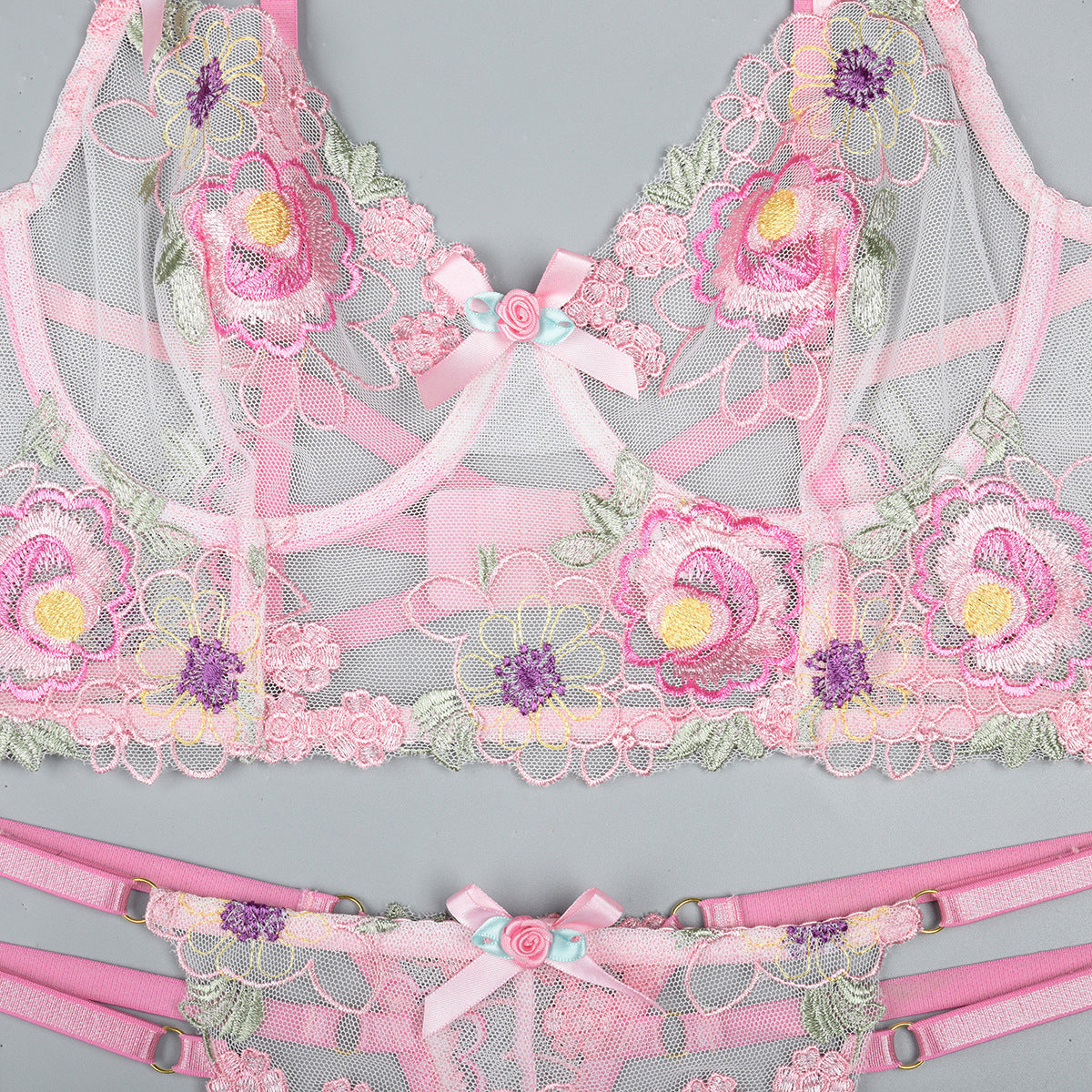Embroidered design on bra and panty set