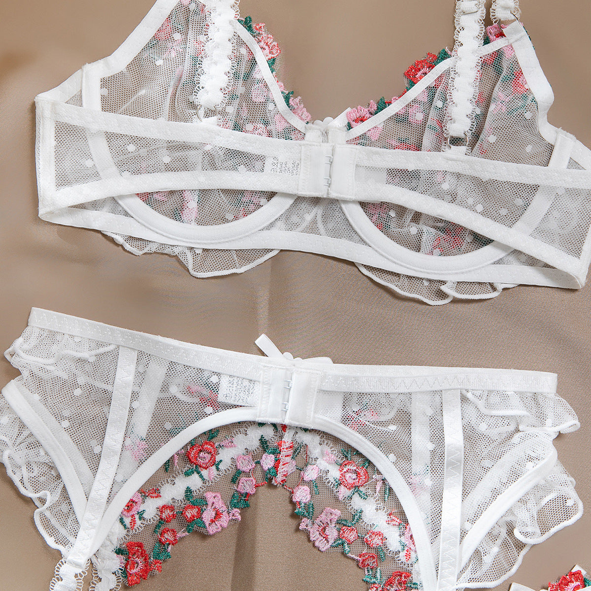 Floral accents on white bra and panty set