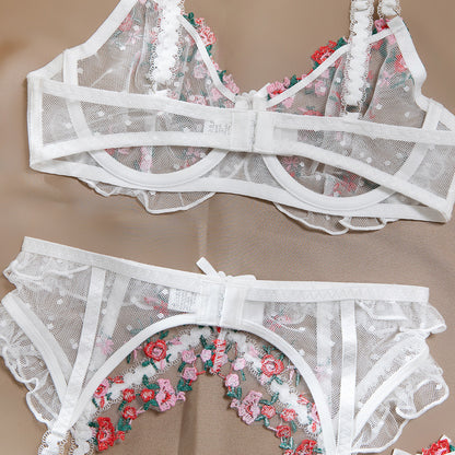 Floral accents on white bra and panty set