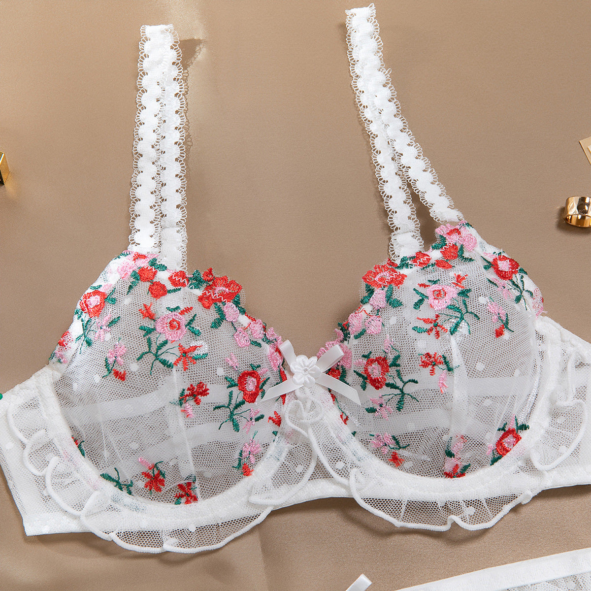 White bra and panty set with floral design