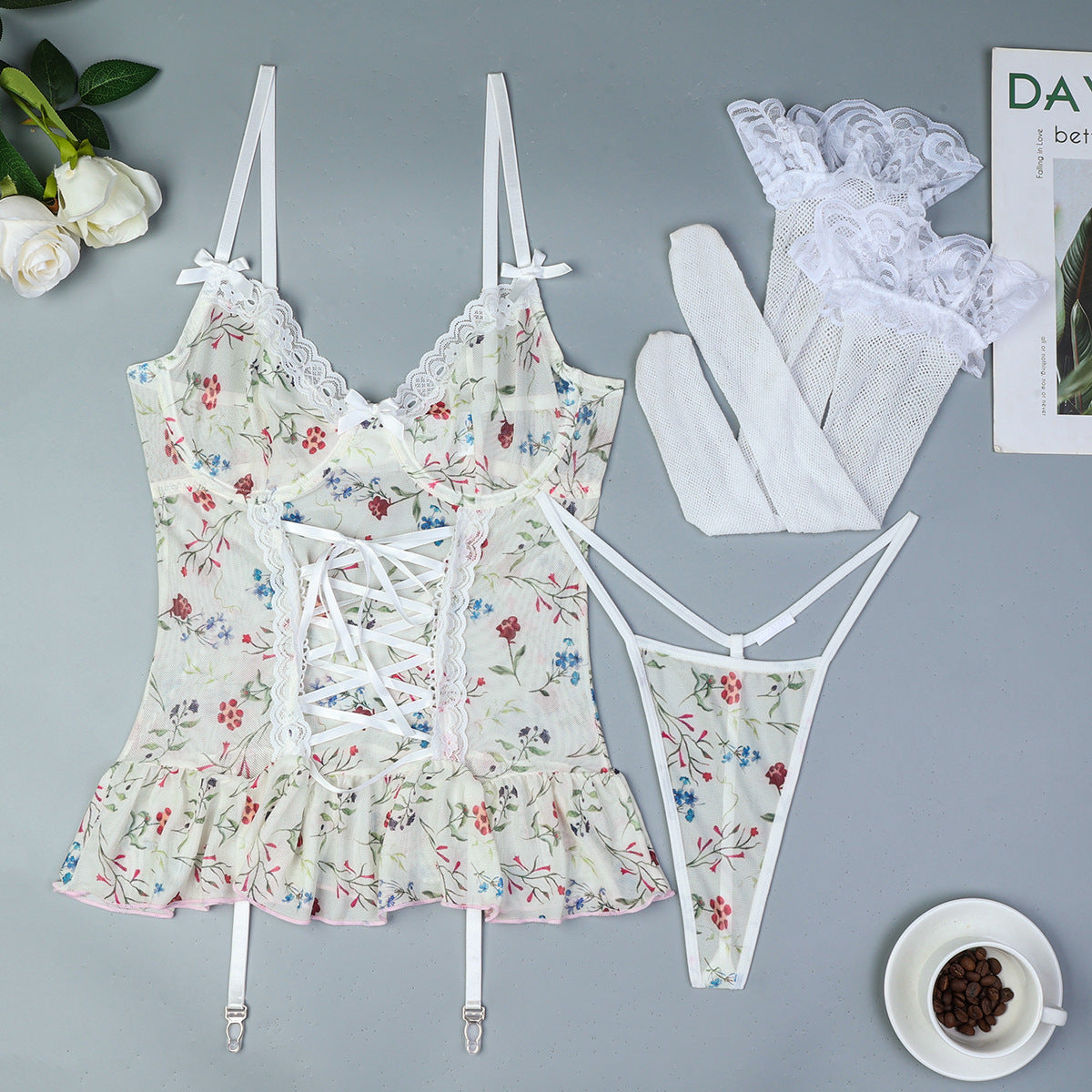 Floral Lace Teddy Bodysuit with Stockings