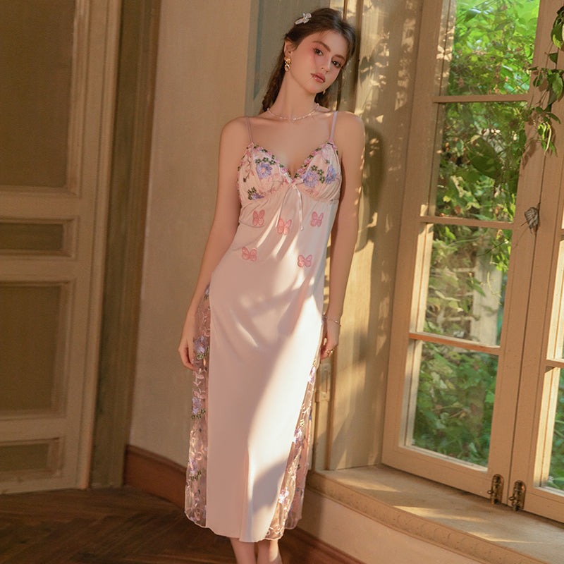 French Embroidered Satin Mesh Nightdress – Romantic Bridal Sleepwear