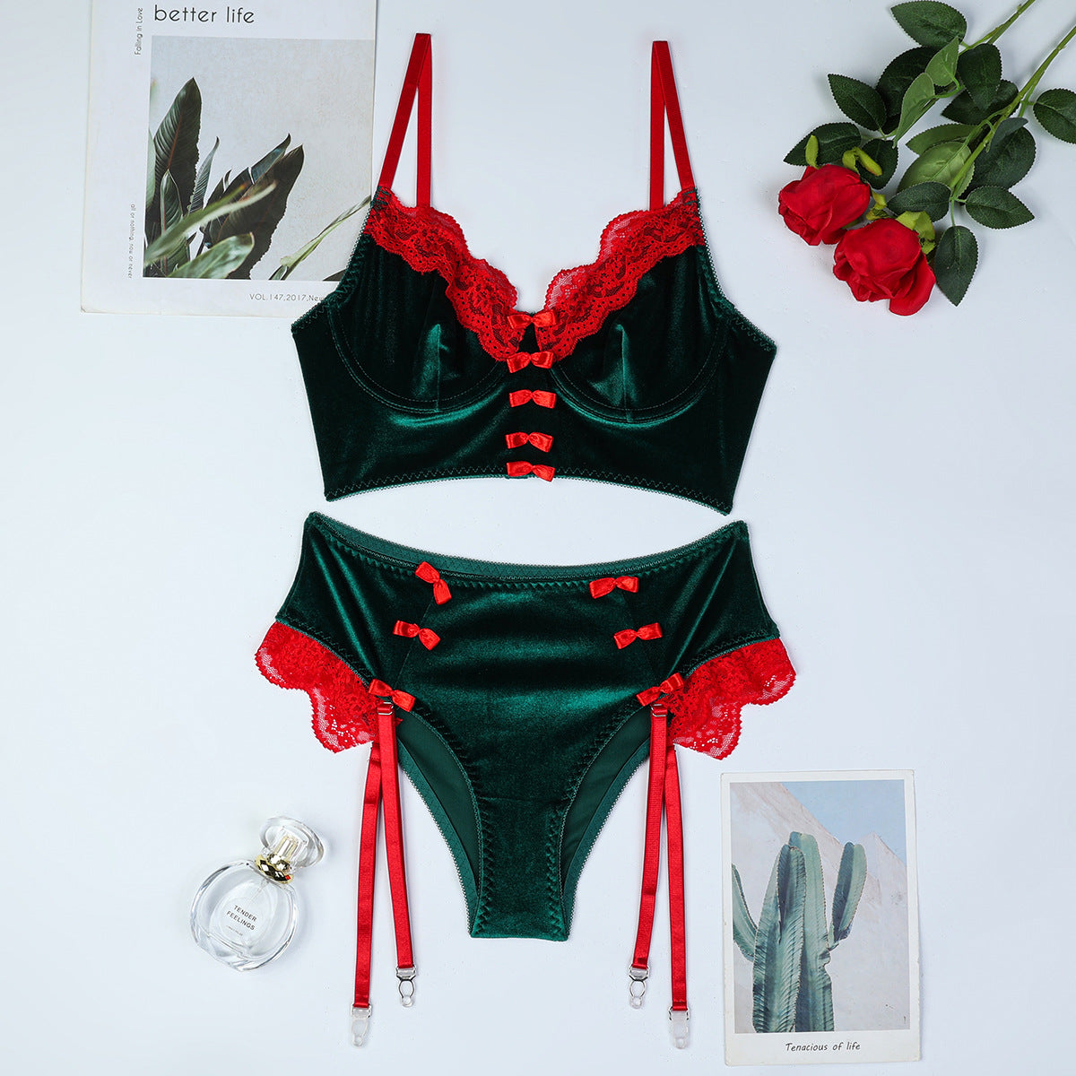 Green lingerie set with lace design