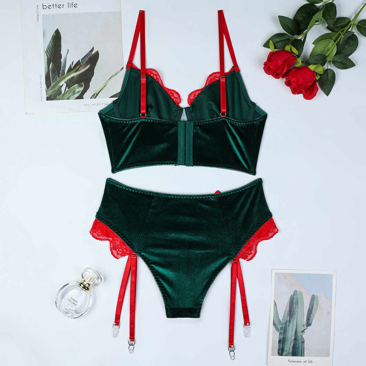 Green velvet lingerie set design details