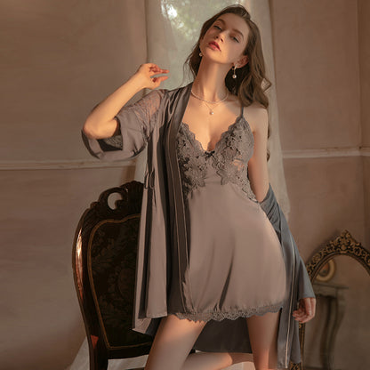 Grey Babydoll Satin Nighty with Robe nightgown Set