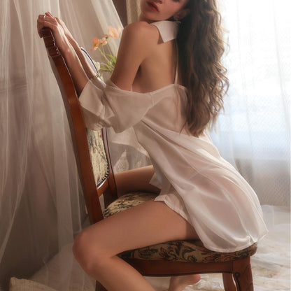 Sheer Backless Nightshirt Set – Lightweight Nightwear with Shirt Dress & Thong