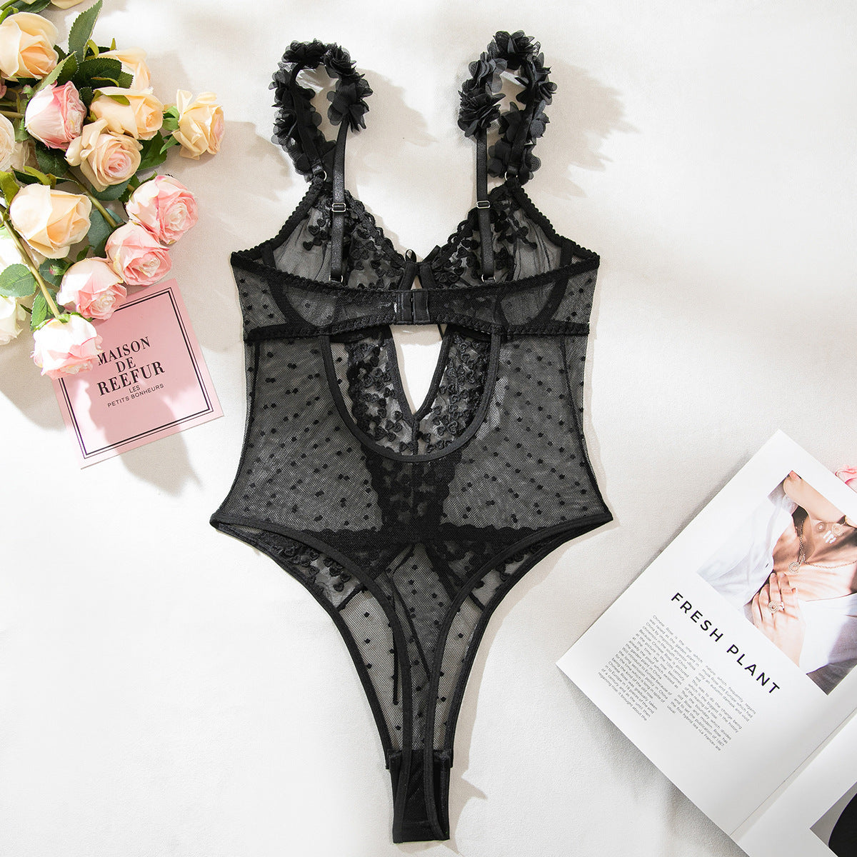 Heart Embroidery Sheer Mesh Bodysuit (Pink/Black) – Sexy Valentine’s Lingerie