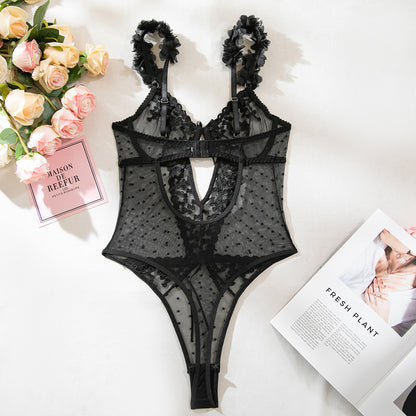 Heart Embroidery Sheer Mesh Bodysuit (Pink/Black) – Sexy Valentine’s Lingerie