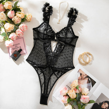 Heart Embroidery Sheer Mesh Bodysuit (Pink/Black) – Sexy Valentine’s Lingerie
