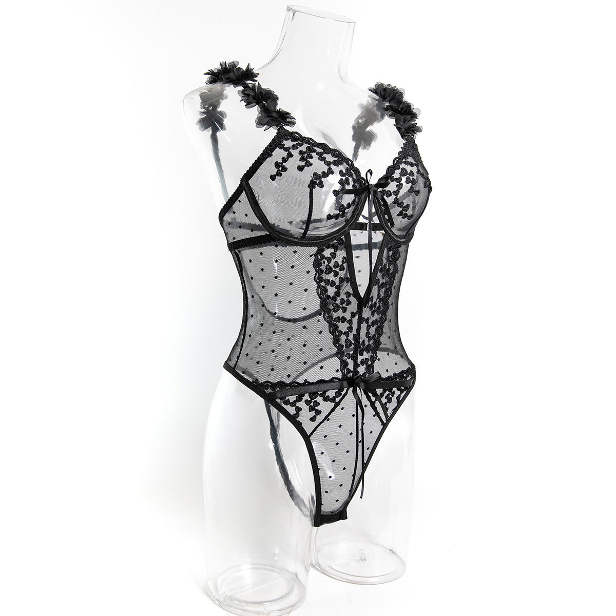 Heart Embroidery Sheer Mesh Bodysuit (Pink/Black) – Sexy Valentine’s Lingerie