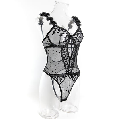 Heart Embroidery Sheer Mesh Bodysuit (Pink/Black) – Sexy Valentine’s Lingerie