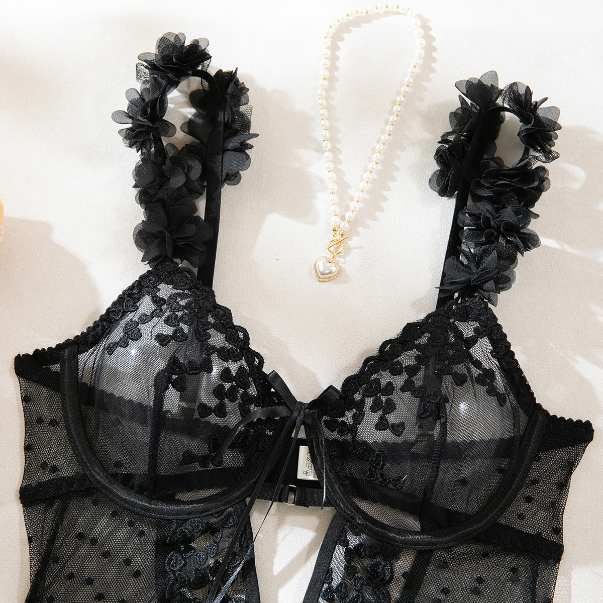Heart Embroidery Sheer Mesh Bodysuit (Pink/Black) – Sexy Valentine’s Lingerie