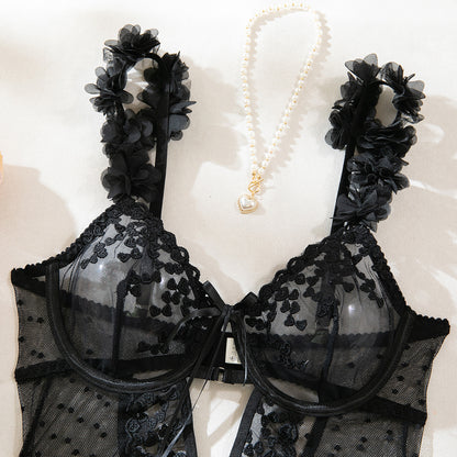 Heart Embroidery Sheer Mesh Bodysuit (Pink/Black) – Sexy Valentine’s Lingerie