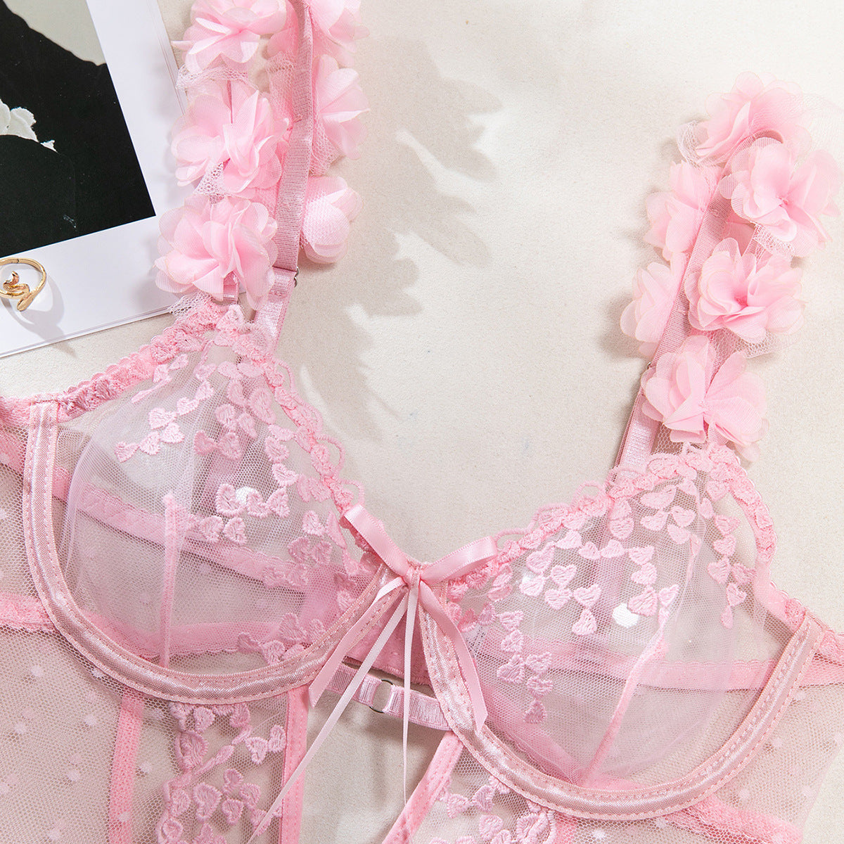 Heart Embroidery Sheer Mesh Bodysuit (Pink/Black) – Sexy Valentine’s Lingerie