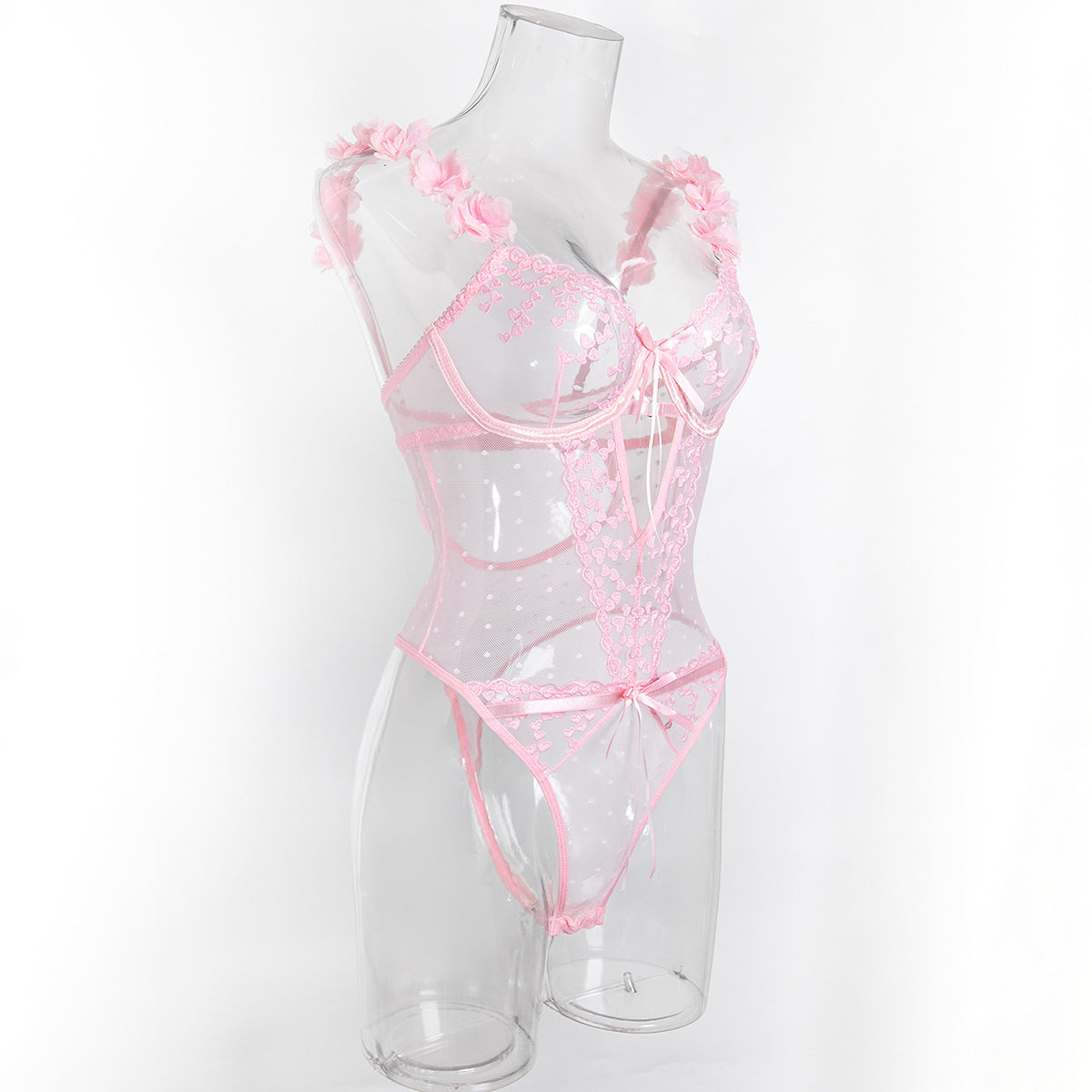 Heart Embroidery Sheer Mesh Bodysuit (Pink/Black) – Sexy Valentine’s Lingerie
