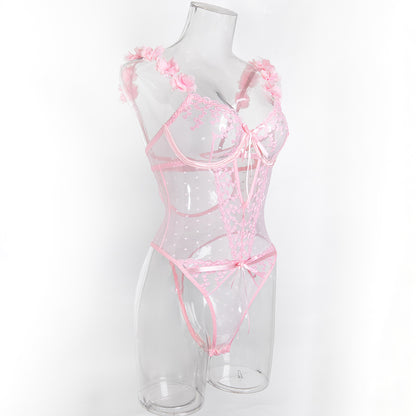 Heart Embroidery Sheer Mesh Bodysuit (Pink/Black) – Sexy Valentine’s Lingerie