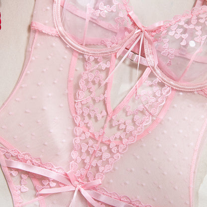 Heart Embroidery Sheer Mesh Bodysuit (Pink/Black) – Sexy Valentine’s Lingerie