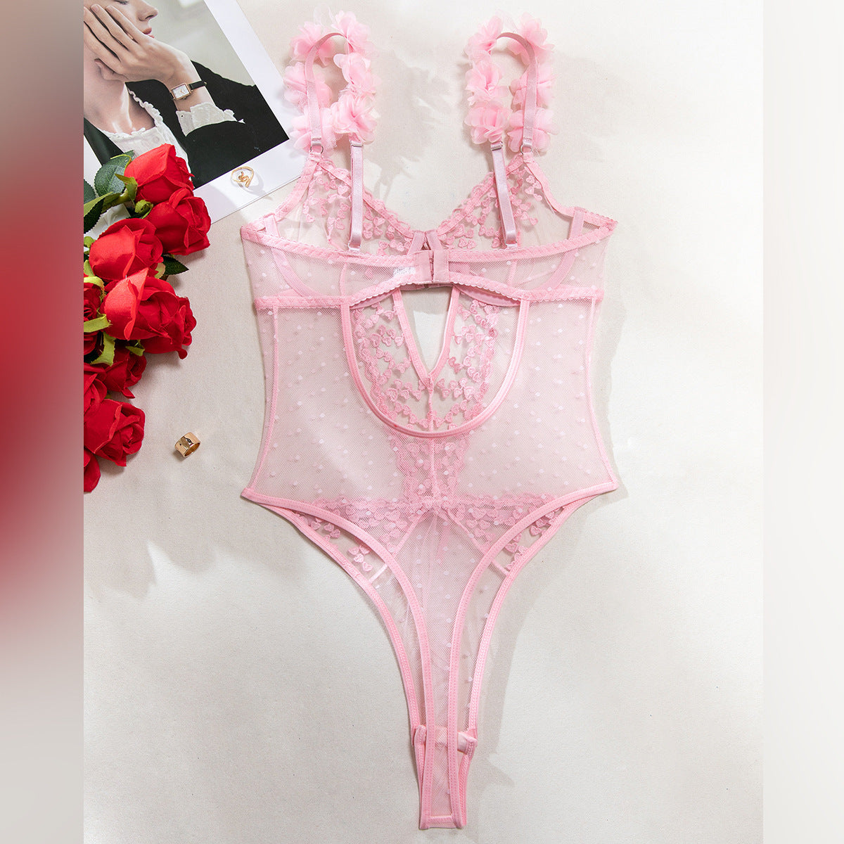 Heart Embroidery Sheer Mesh Bodysuit (Pink/Black) – Sexy Valentine’s Lingerie