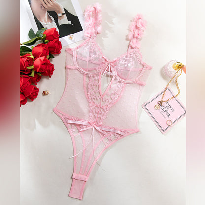 Heart Embroidery Sheer Mesh Bodysuit (Pink/Black) – Sexy Valentine’s Lingerie