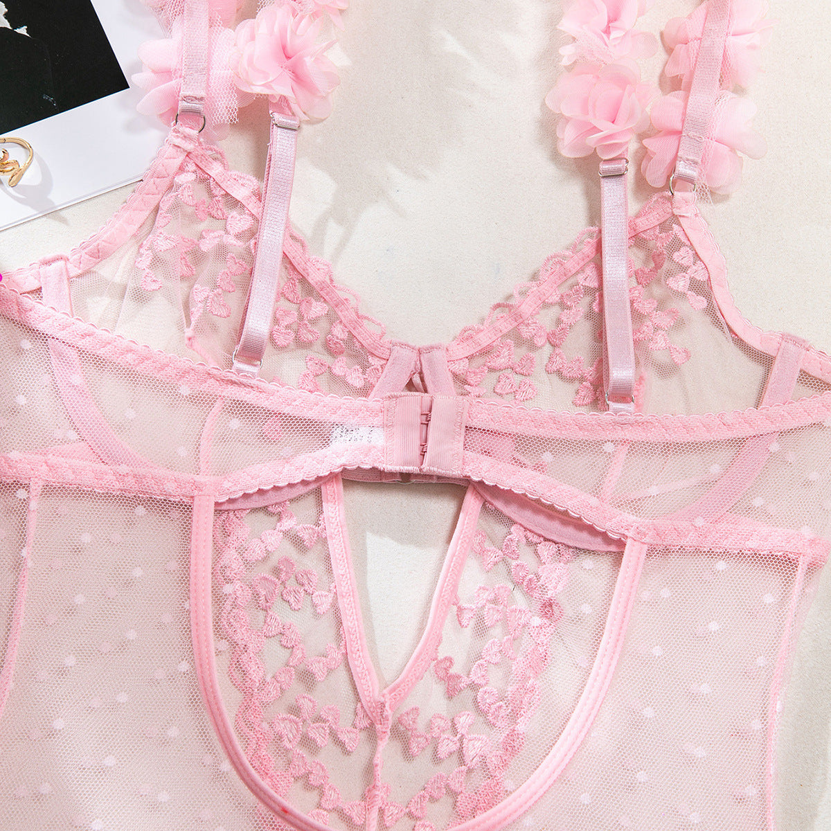 Heart Embroidery Sheer Mesh Bodysuit (Pink/Black) – Sexy Valentine’s Lingerie