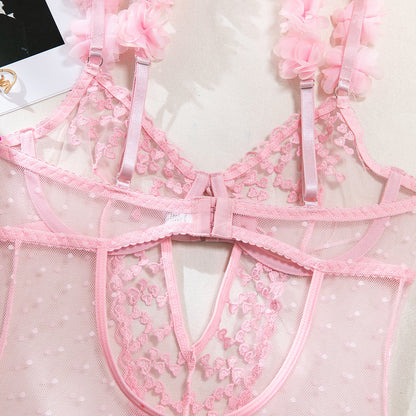 Heart Embroidery Sheer Mesh Bodysuit (Pink/Black) – Sexy Valentine’s Lingerie