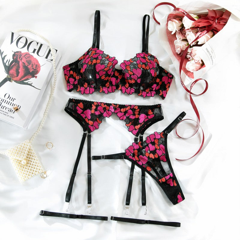 Pink bra and panty set with sheer mesh design