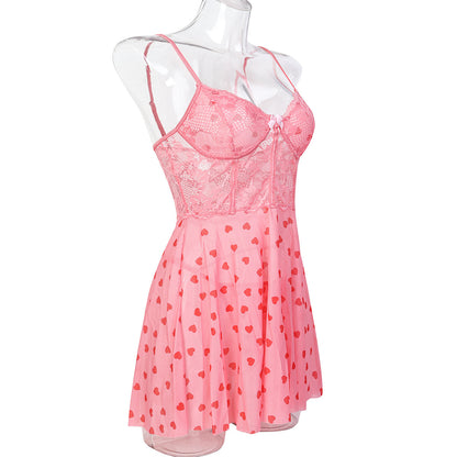 Lace accents on pink babydoll lingerie dress