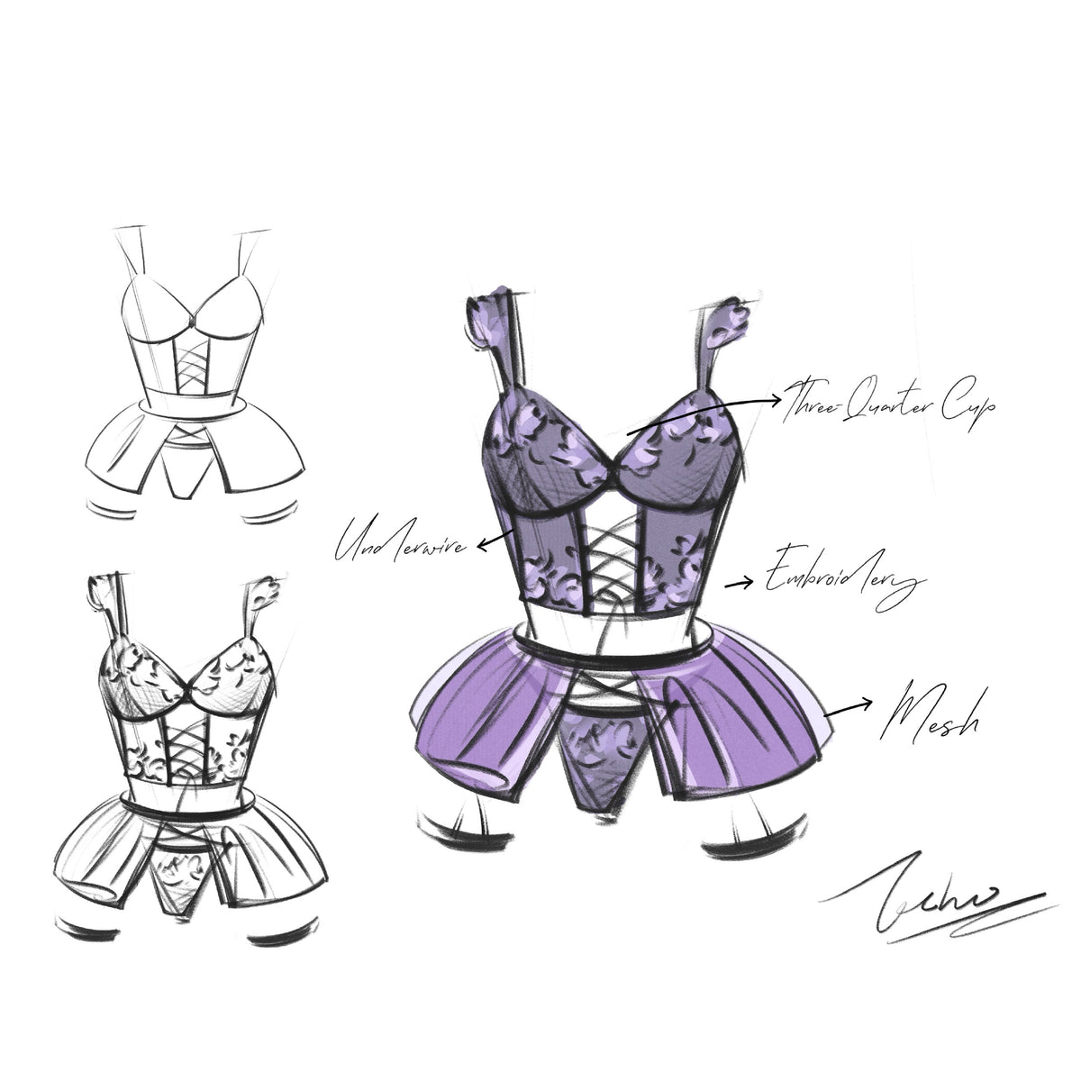 Purple floral lingerie set design details