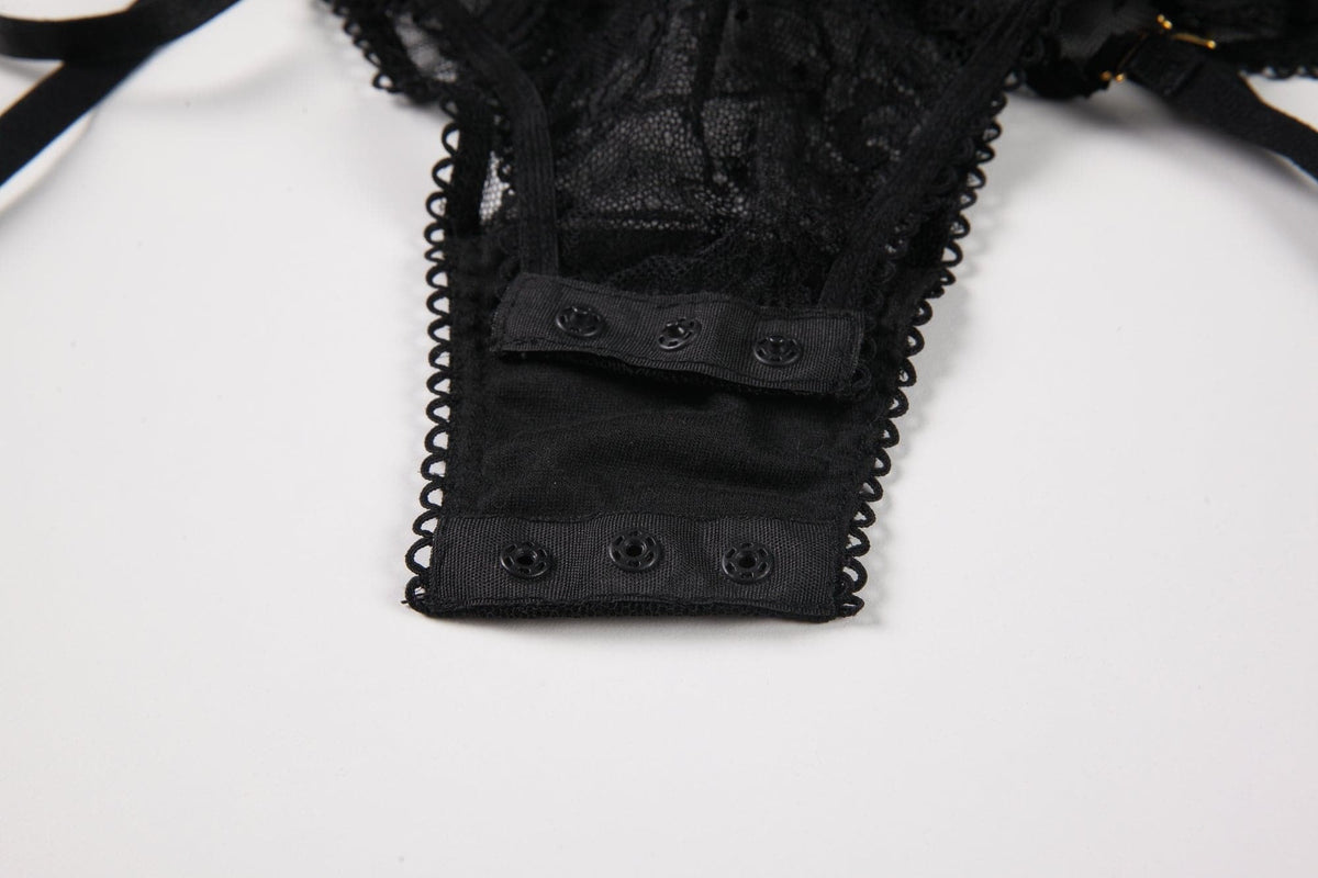 Lingerie Bodysuit – Sexy Lace and Sheer Mesh Bodysuit with Garter Straps for a Romantic Look.